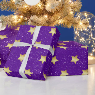 Gold Stars On Purple With Snowflakes Wrapping Paper
