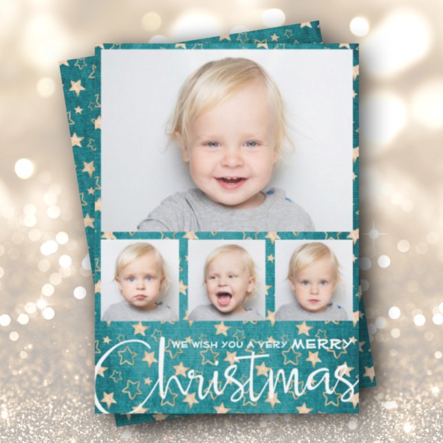Gold Stars on Turquoise Multiple Photo Christmas Holiday Card (Creator Uploaded)