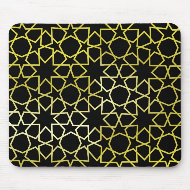 Gold Stars Pattern on Black Mouse Pad (Front)