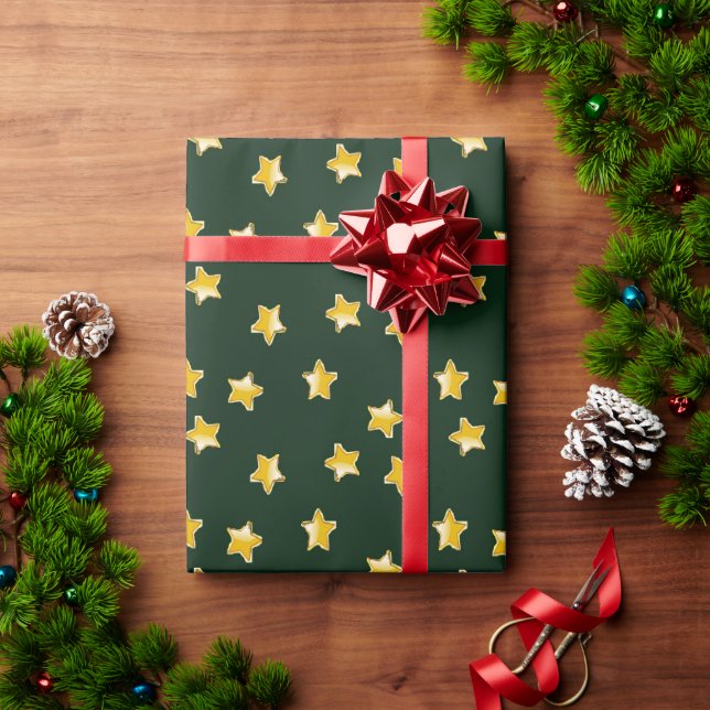 Gold stars pattern on green wrapping paper (Holiday Gift)