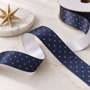 Gold Stars Pattern Optional Navy Blue ID497 Satin Ribbon