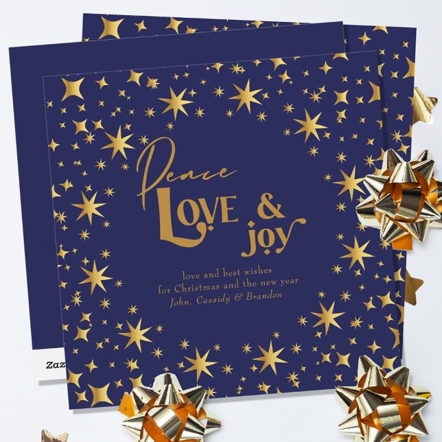 Gold Stars Peace Love and Joy Simple Elegant Blue Holiday Card (Creator Uploaded)