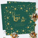 Gold Stars Peace Love and Joy Simple Elegant Green Holiday Card<br><div class="desc">Modern and elegant personalised holiday card,  decorated with gold stars and lettered in script calligraphy and festive typography. Simple minimal typography design framed with an abundance of golden stars. The template is ready for you to personalise the greeting and add your name(s).</div>