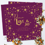 Gold Stars Peace Love and Joy Simple Elegant Plum Holiday Card<br><div class="desc">Modern and elegant personalised holiday card,  decorated with gold stars and lettered in script calligraphy and festive typography. Simple minimal typography design framed with an abundance of golden stars. The template is ready for you to personalise the greeting and add your name(s).</div>