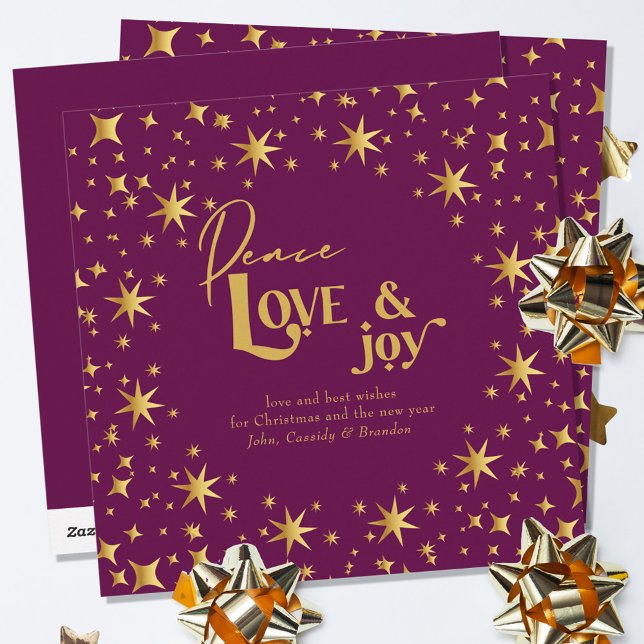 Gold Stars Peace Love and Joy Simple Elegant Plum Holiday Card (Creator Uploaded)