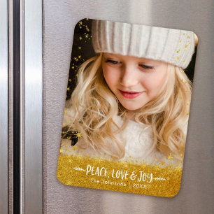 Gold Stars “Peace Love Joy” Custom Holiday Photo Magnet