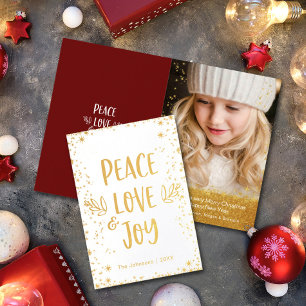 Gold Stars “Peace Love Joy” Quote Custom Photo Foil Card