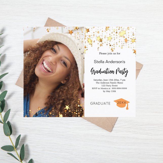 Gold stars photo graduation party invitation (Creator Uploaded)