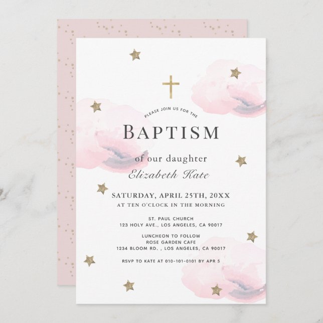 Gold Stars & Pink Clouds Girl Baptism Invitation (Front/Back)