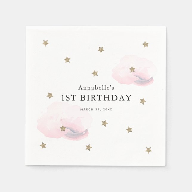 Gold Stars & Pink Clouds Girl Birthday Napkin (Front)