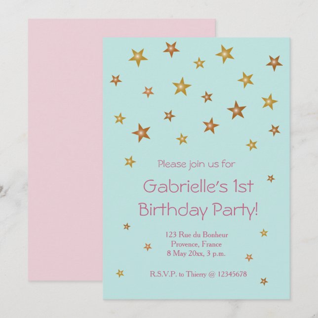 Gold Stars Pink Turquoise Sweet Baby Kids Birthday Invitation (Front/Back)