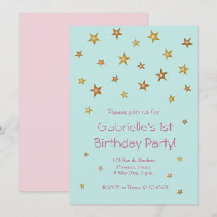 Gold Stars Pink Turquoise Sweet Baby Kids Birthday Invitation