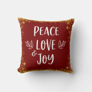 Gold Stars Red Peace Love Joy Typography Quote Cushion