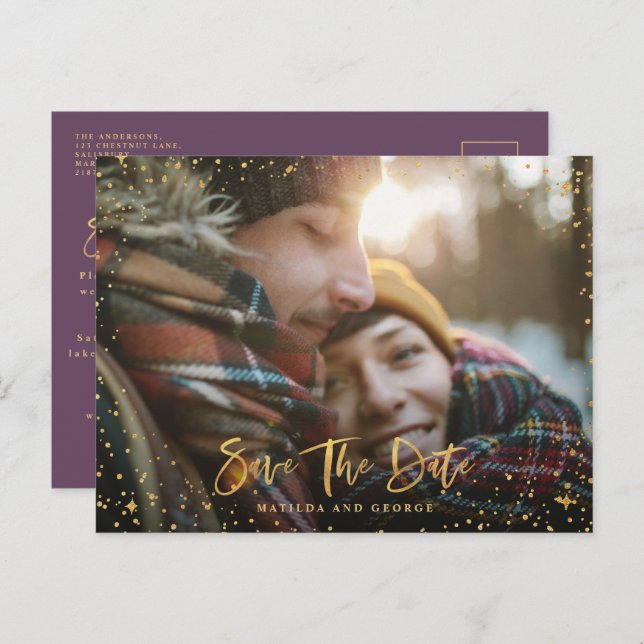 Gold stars script photo modern wedding announcement postcard (Front/Back)