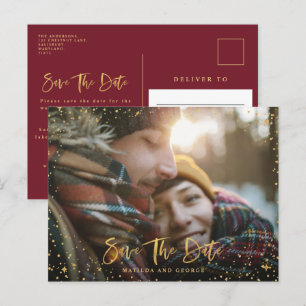 Gold stars script photo modern wedding announcement postcard