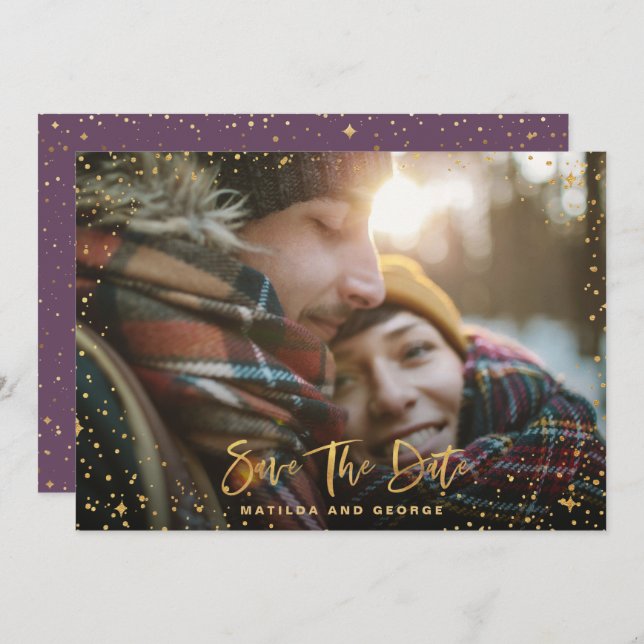 Gold stars script photo modern wedding save the date (Front/Back)