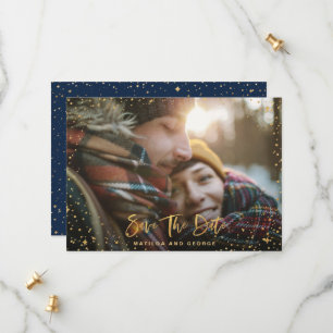 Gold stars script photo modern wedding save the date