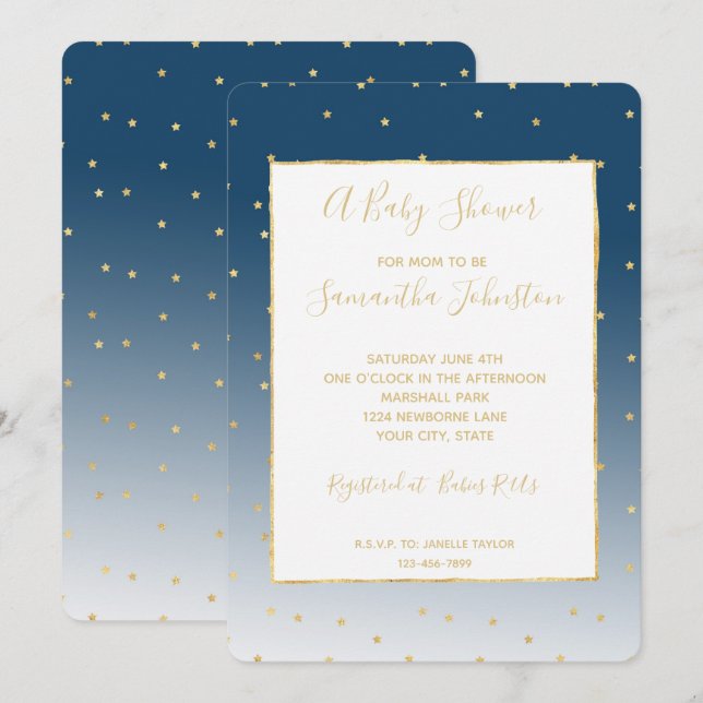Gold Stars Sky Shine Bright Ombre Baby Shower Invitation (Front/Back)