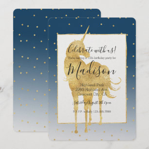 Gold Stars Sky Shine Bright Unicorn Ombre Birthday Invitation