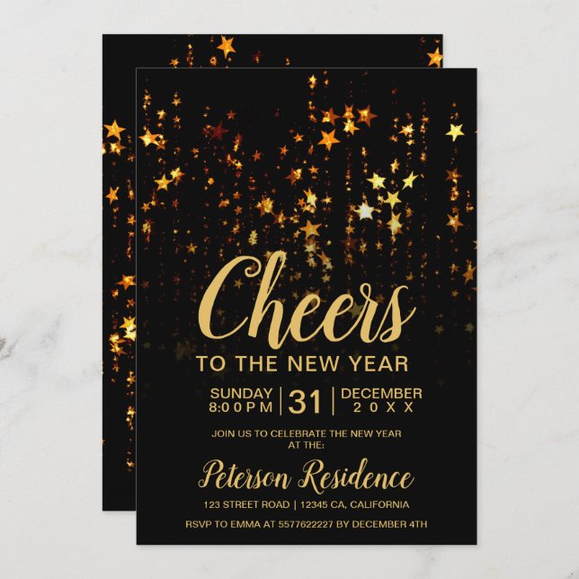 Gold stars string lights black New' Year eve party Invitation (Front/Back)