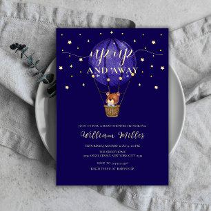 Gold Stars Teddy Bear Hot Air Balloon Baby Shower  Invitation