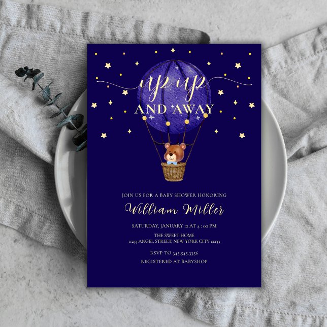 Gold Stars Teddy Bear Hot Air Balloon Baby Shower  Invitation (Gold Stars Teddy Bear Hot Air Balloon Baby Shower Invitation)