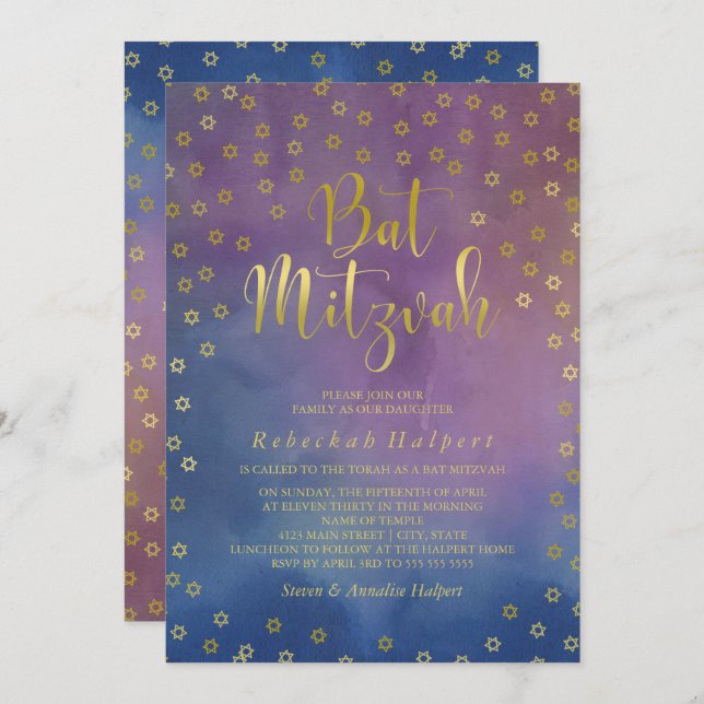 Gold Stars Watercolor Bat Mitzvah Invitation (Front/Back)