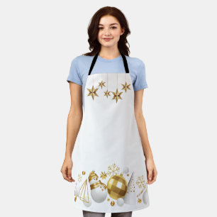 Gold Stars with Gold and White Christmas Ornaments Apron