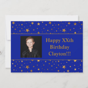Gold Stars With Message Photo On Blue Birthday Invitation