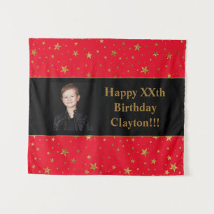 Gold Stars With Message Photo On Red Birthday Tapestry