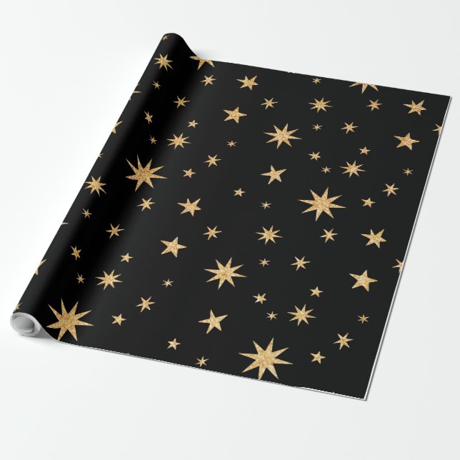 Gold Stars Wrapping Paper - Black Background (Unrolled)