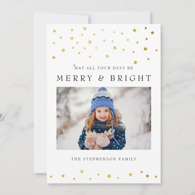 Gold Start Merry and Bright Photo Holiday Card (Front)