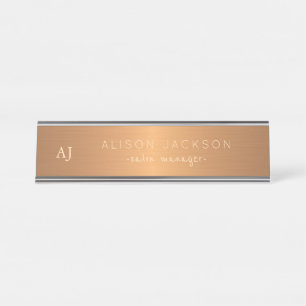 Gold steel copper metallic business name monogram desk name plate