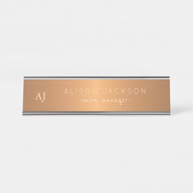Gold steel copper metallic business name monogram desk name plate (Front)
