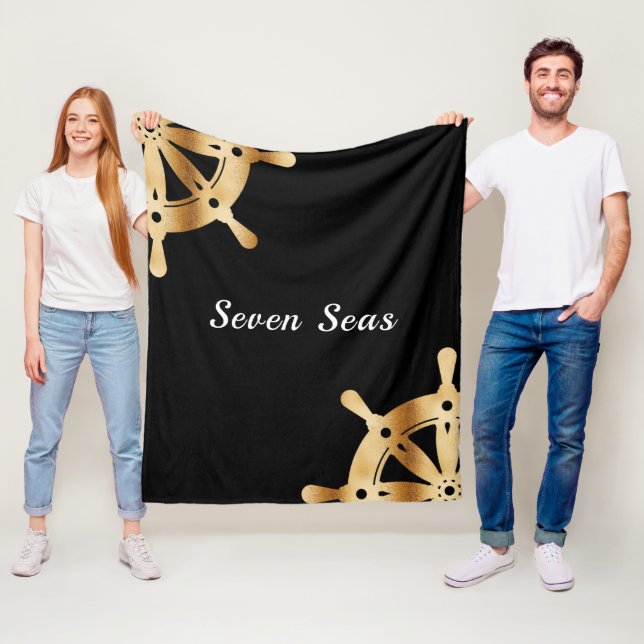 Gold steering wheels yacht boat black name fleece blanket (In Situ)
