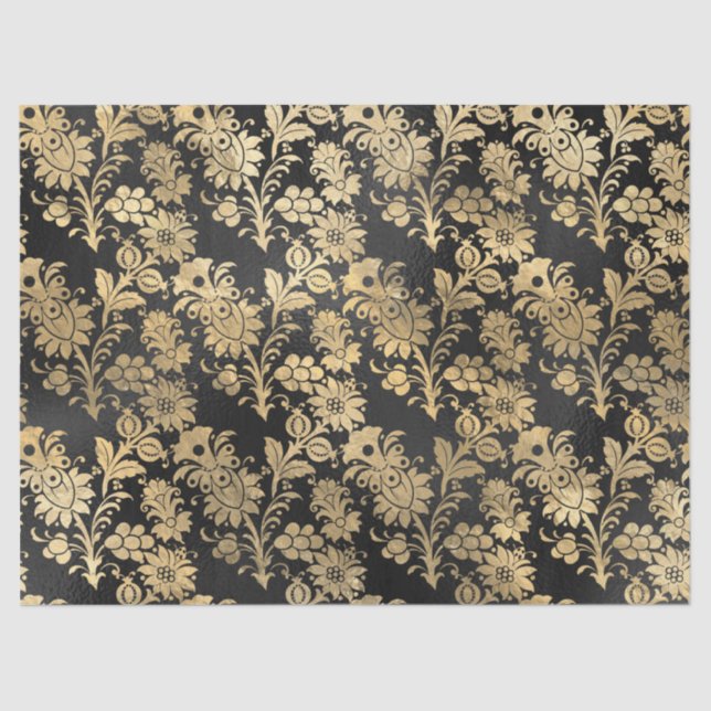 Gold Stencil Flowers on Black Decoupage Tissue Paper (Front)