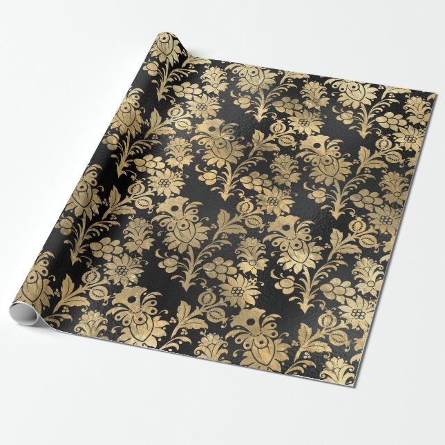 Gold Stencil Flowers on Black Wrapping Paper (Unrolled)