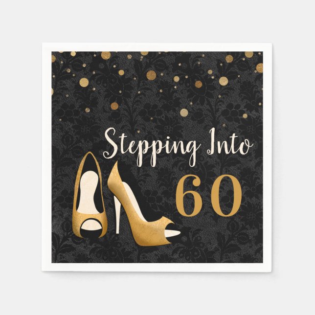 Gold Stepping into 60 Woman's Birthday Party Napkin (Front)