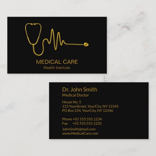 Gold Stethoscope ECG Wave EKG Line Medical Luxury Business Card (Front/Back)