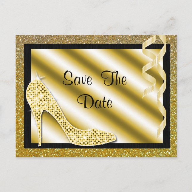 Gold Stiletto & Streamers 45th Save The Date Announcement Postcard (Front)
