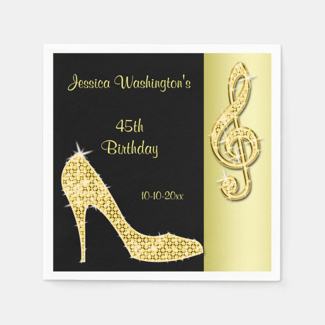 Gold Stiletto & Treble Cleft 45th Birthday Napkin (Front)