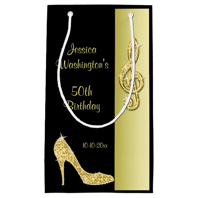 Gold Stiletto & Treble Cleft 50th Birthday Party Small Gift Bag (Front)