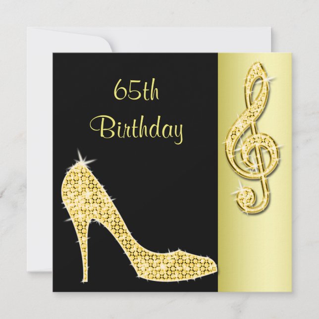 Gold Stiletto & Treble Cleft 65th Birthday Invitation (Front)