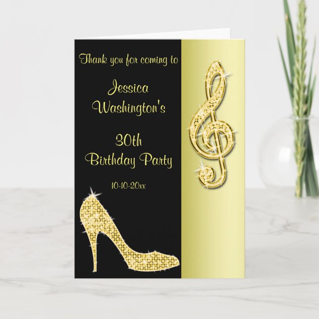 Gold Stiletto & Treble Cleft Birthday Thank You Card (Front)