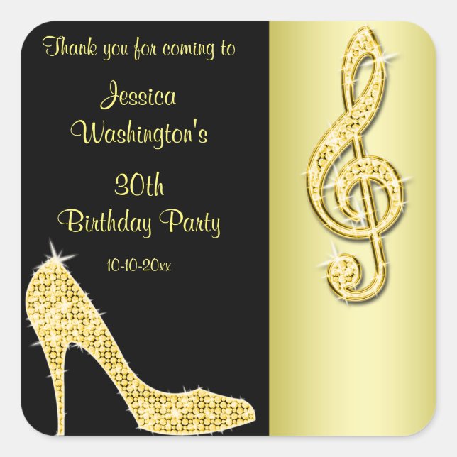 Gold Stiletto & Treble Cleft Birthday Thank You Square Sticker (Front)