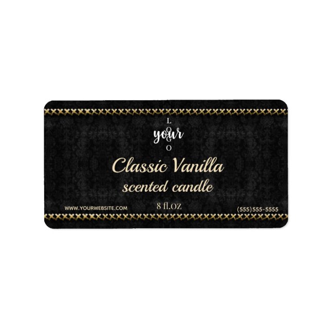 Gold Stitched Black Damask Scented candle label (Front)