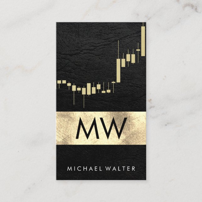 Gold Stock Chart| Leather Monogram Business Card (Front)
