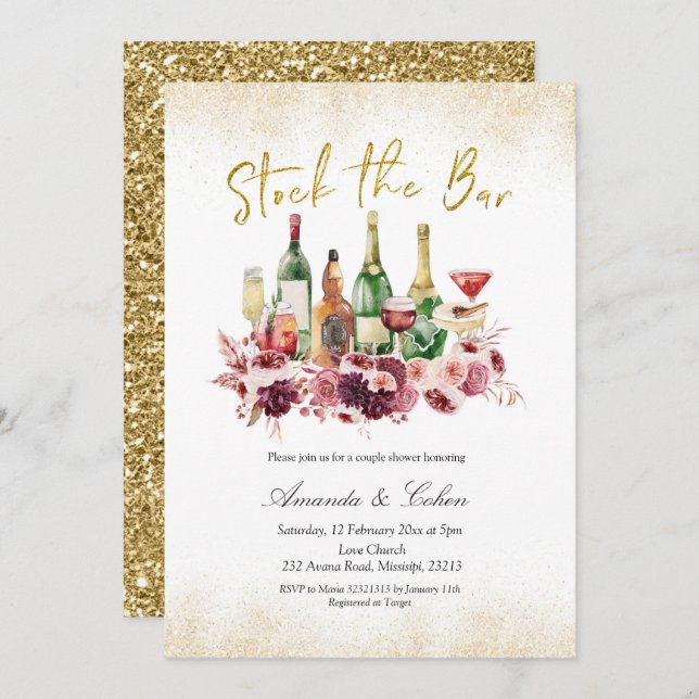 Gold Stock the Bar Couple Shower Invitation (Front/Back)