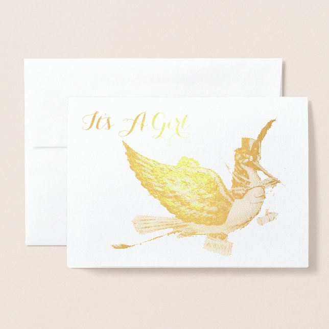 GOLD STORK GIRL BABY SHOWER FOIL CARD (Front With Envelope)