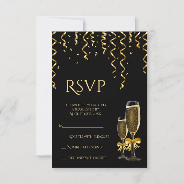 Gold Streamers & Champagne Christmas RSVP Card (Front)